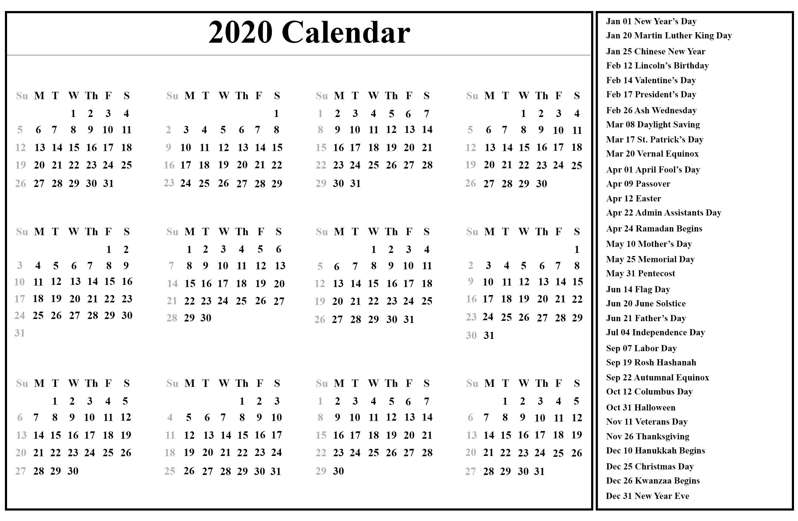 Printable Yearly Calendar 2020 Template With Holidays [Pdf