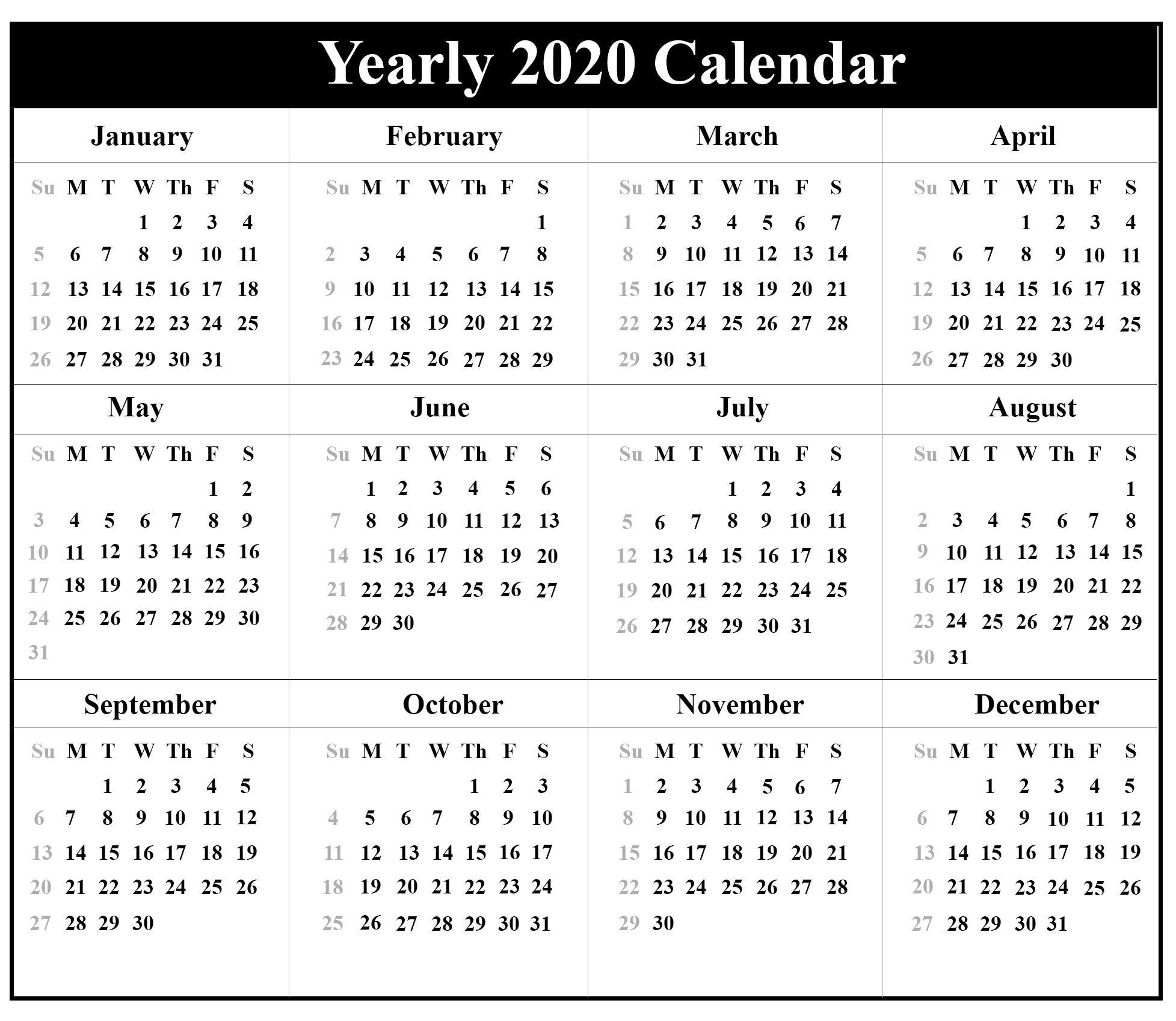 Printable Yearly Calendar 2020 Template With Holidays [Pdf