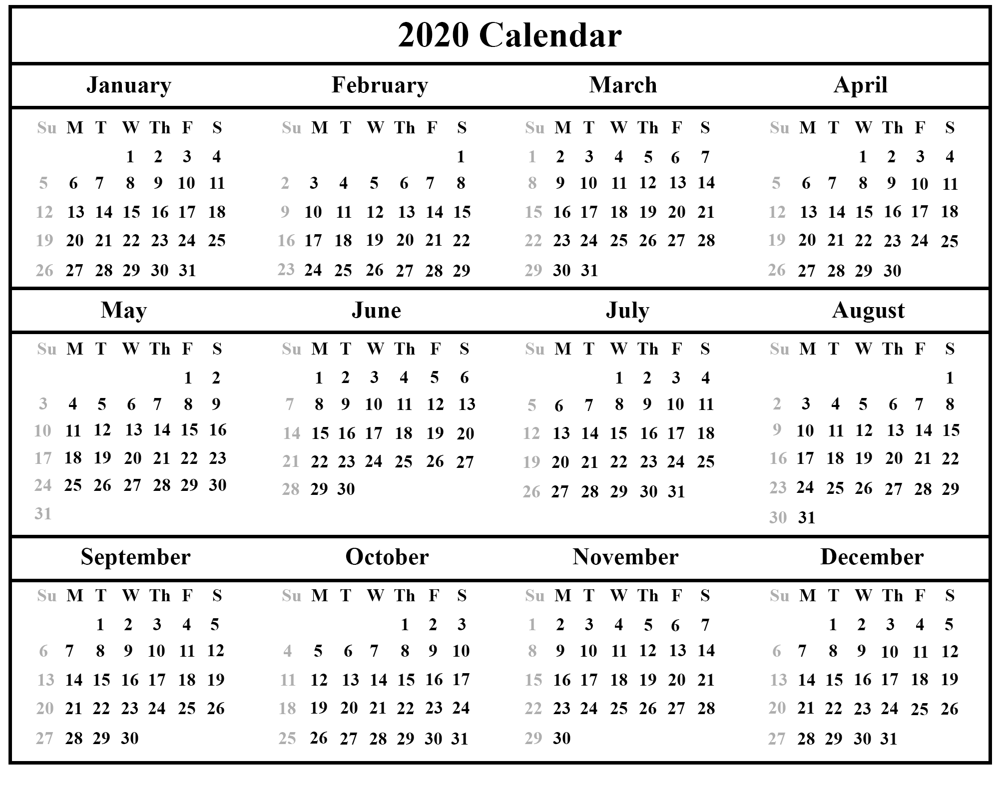 Printable Yearly Calendar 2020 Template With Holidays [Pdf