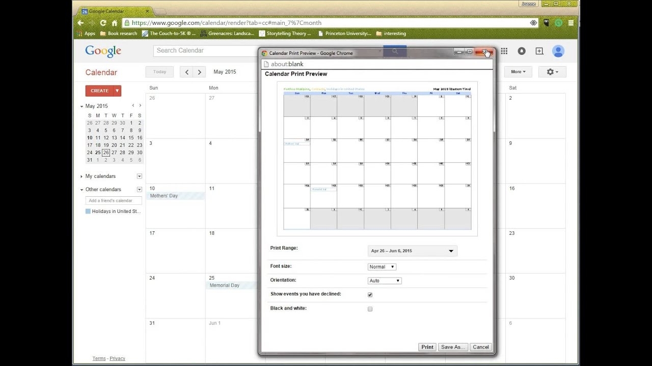 Printing From Google Online Calendar