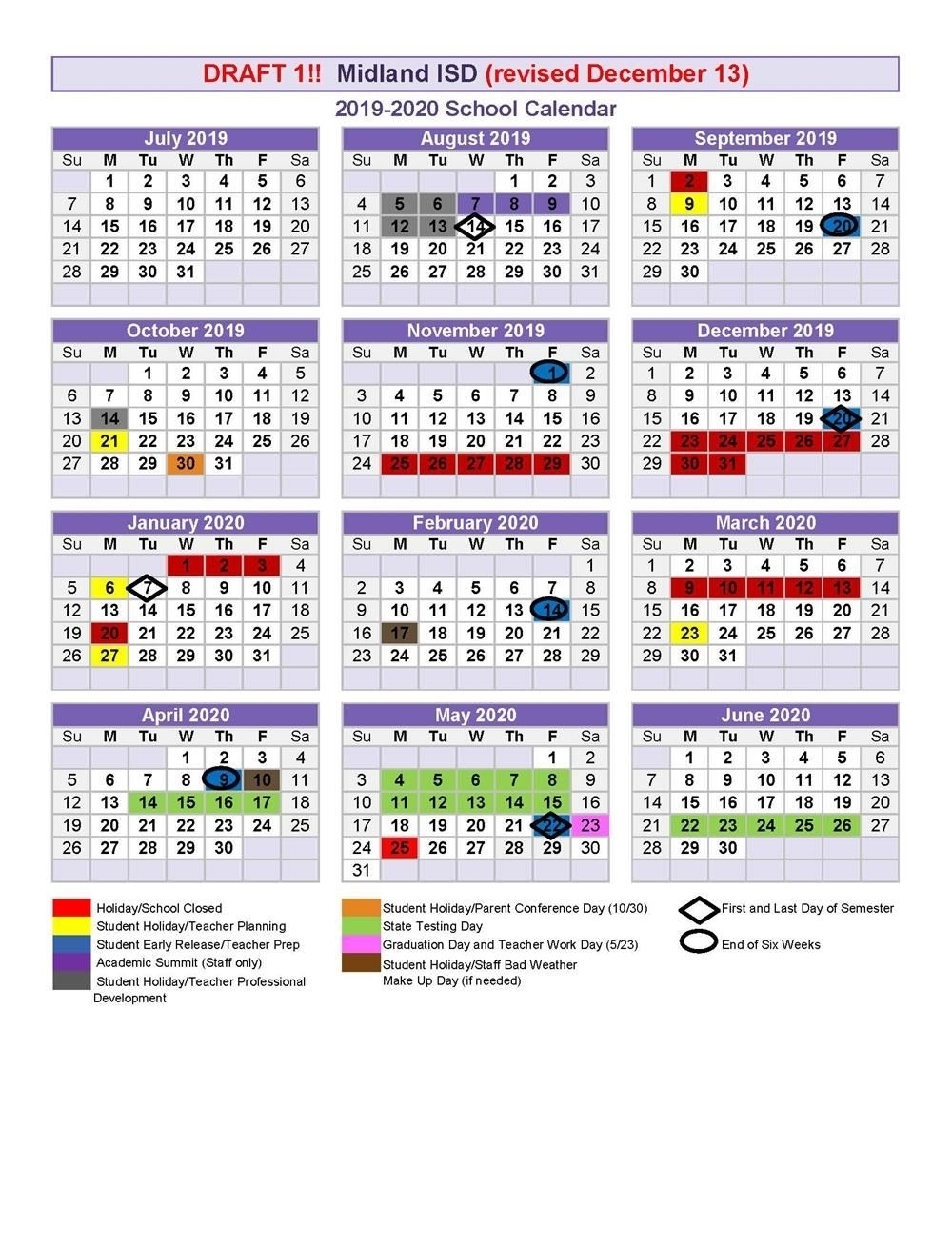 Proposed 2019-2020 School Calendar Drafts 2020 Calendar