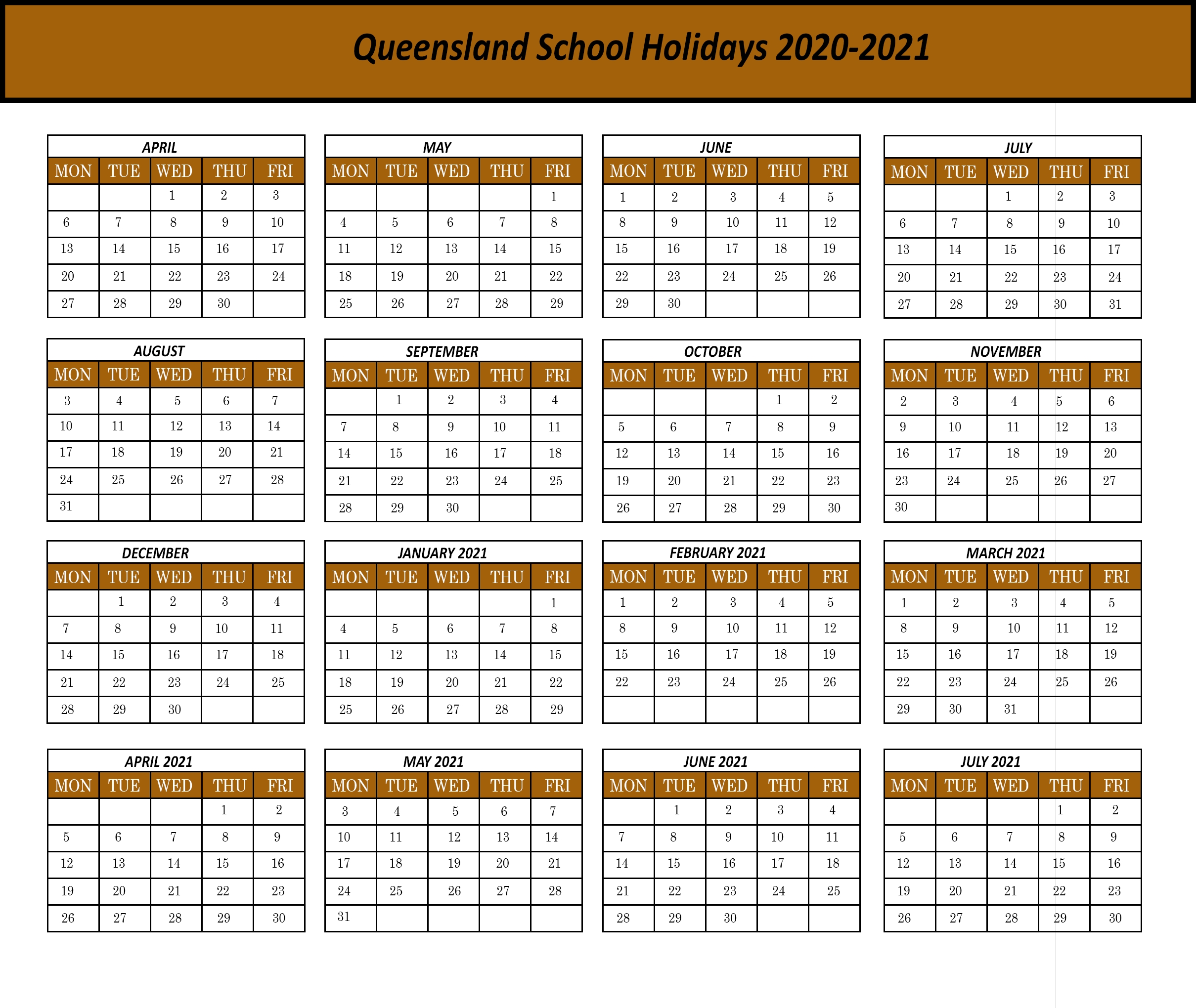 Qld School Holidays 2020 Calendar Template | Printable