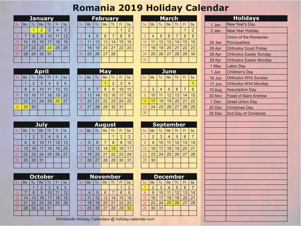 Romania 2019 2020 Holiday Calendar 