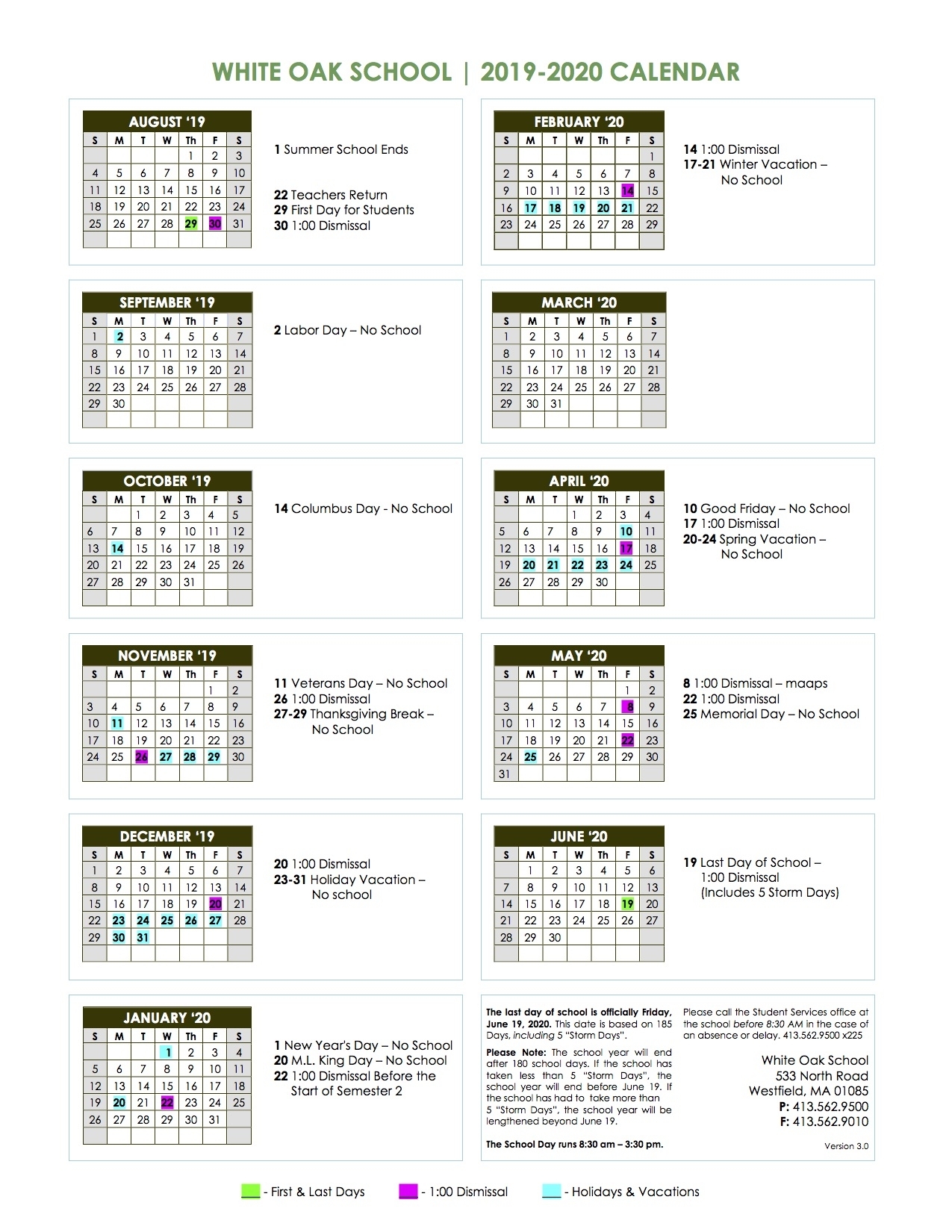 School Calendar 2019 – 2020 – White Oak School