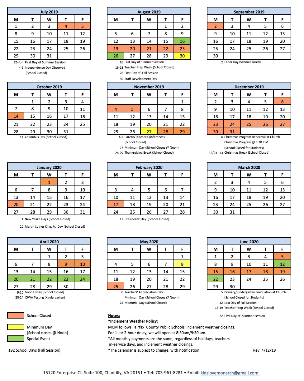 School Calendar | Monarch Christian Montessori