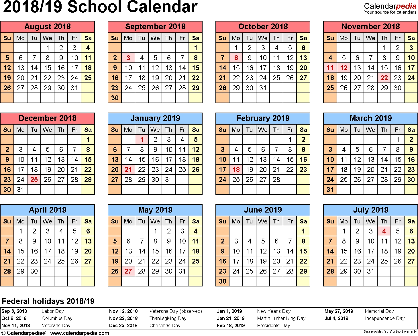 School Calendars 2018/2019 - Free Printable Word Templates