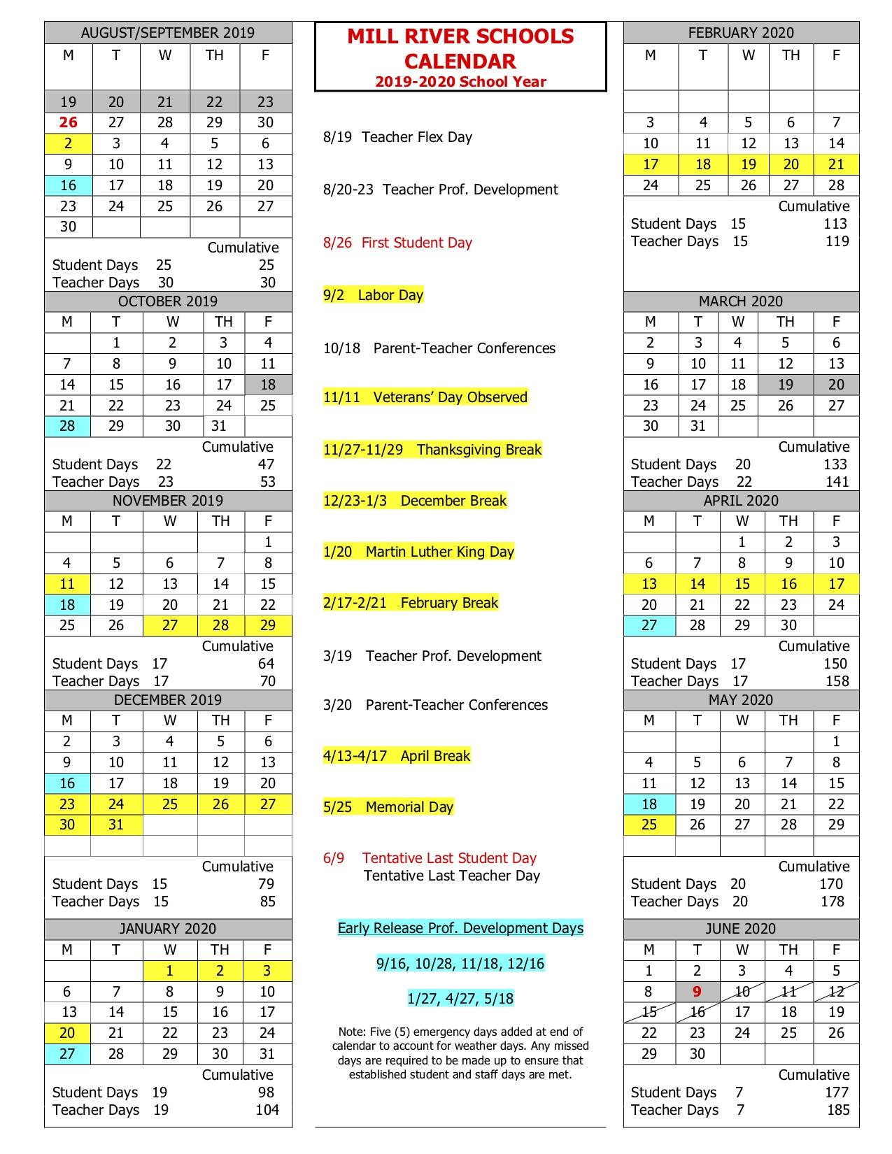 School-Year Calendar – Mill River Schools