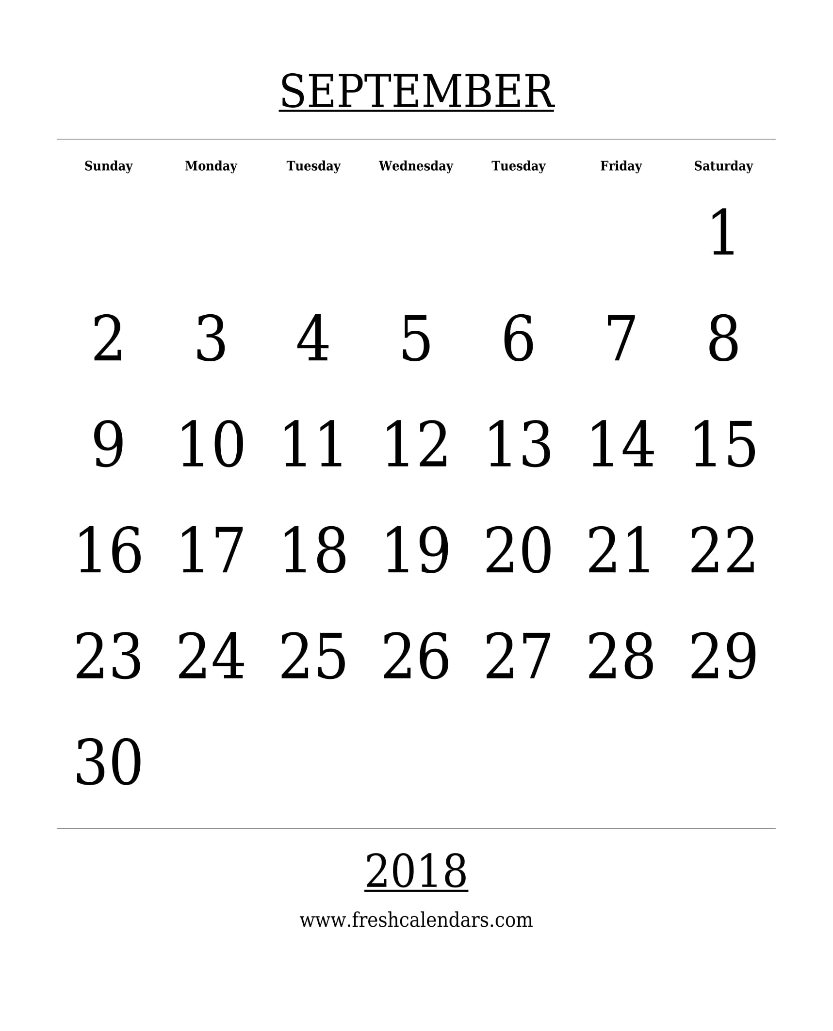 September 2018 Calendar Printable