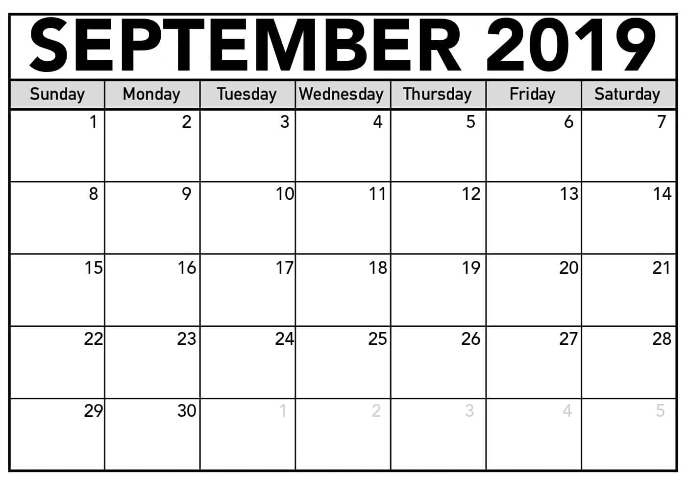 September 2019 Calendar Printable Large Print Sheet - Latest