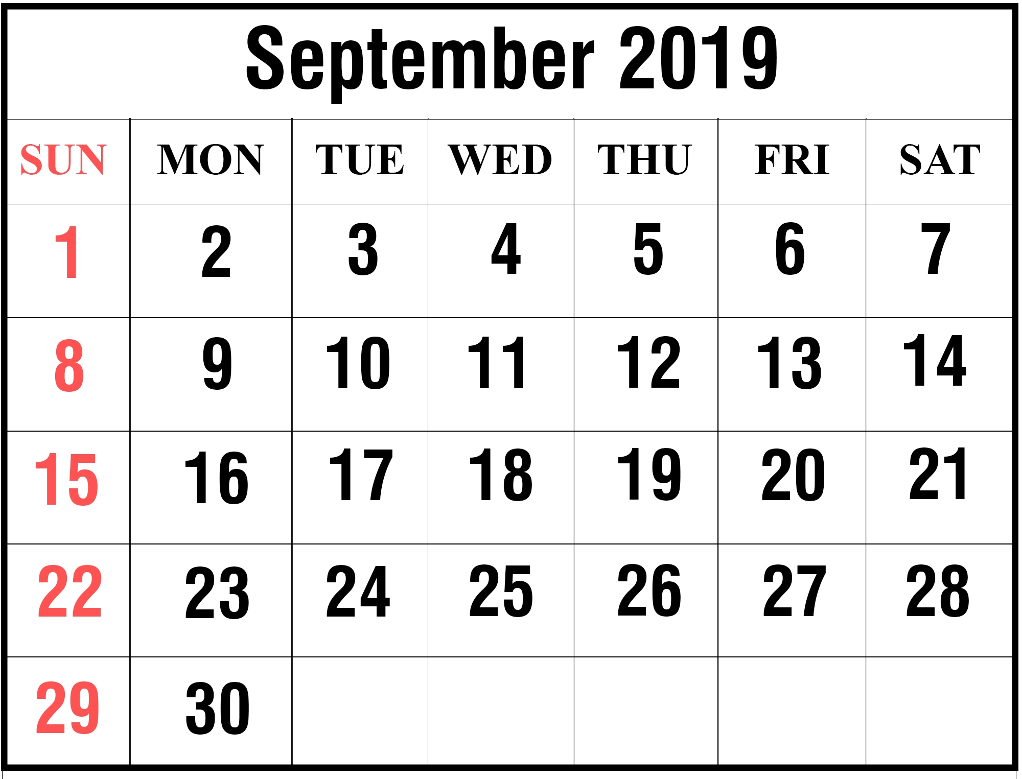 September 2019 Calendar Printable Large Print Sheet - Latest