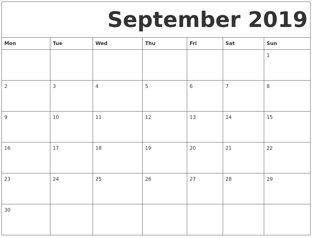September 2019 Free Printable Calendar
