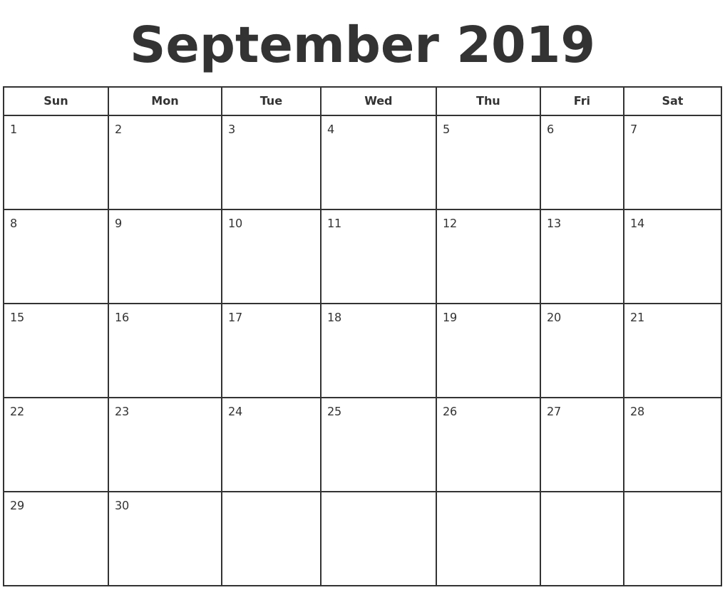 September 2019 Print A Calendar