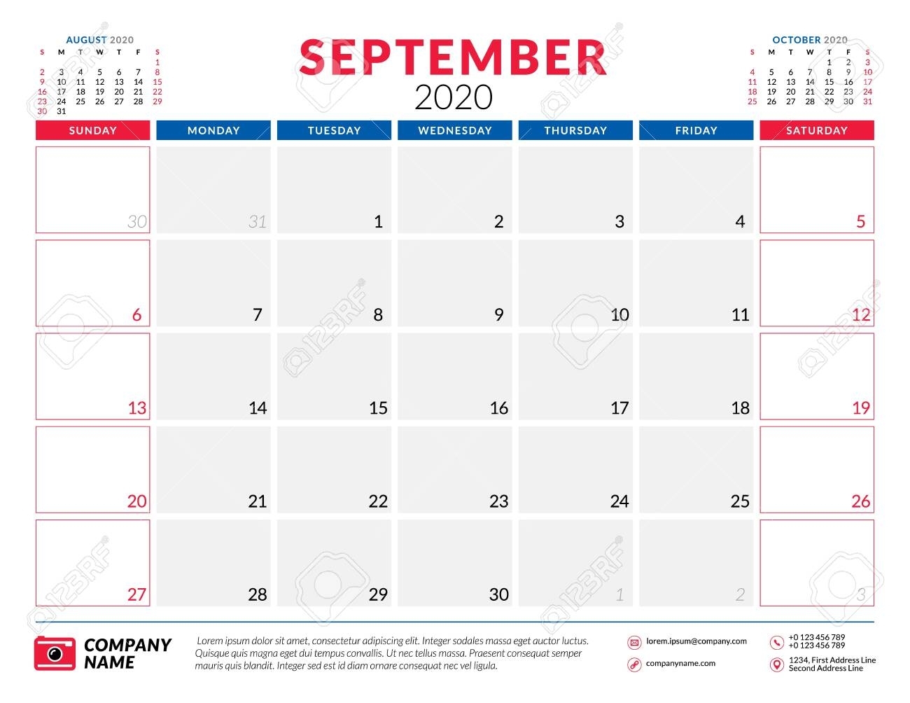 September 2020. Calendar Planner Stationery Design Template