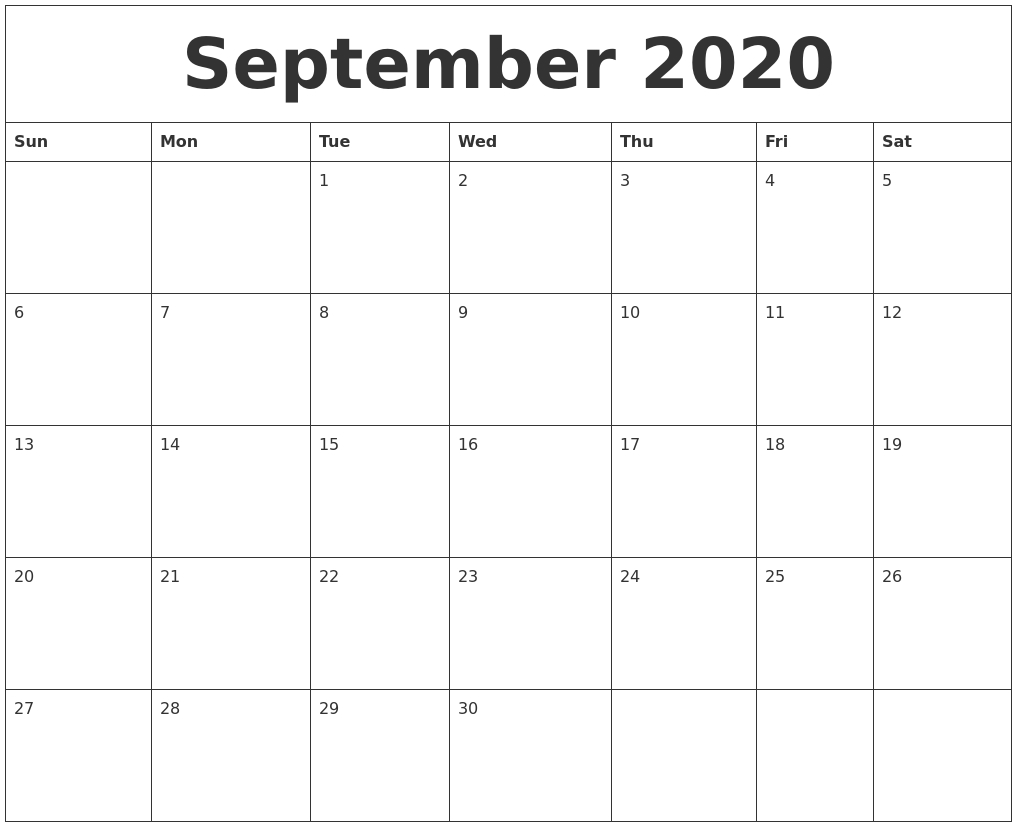 September 2020 Free Printable Weekly Calendar