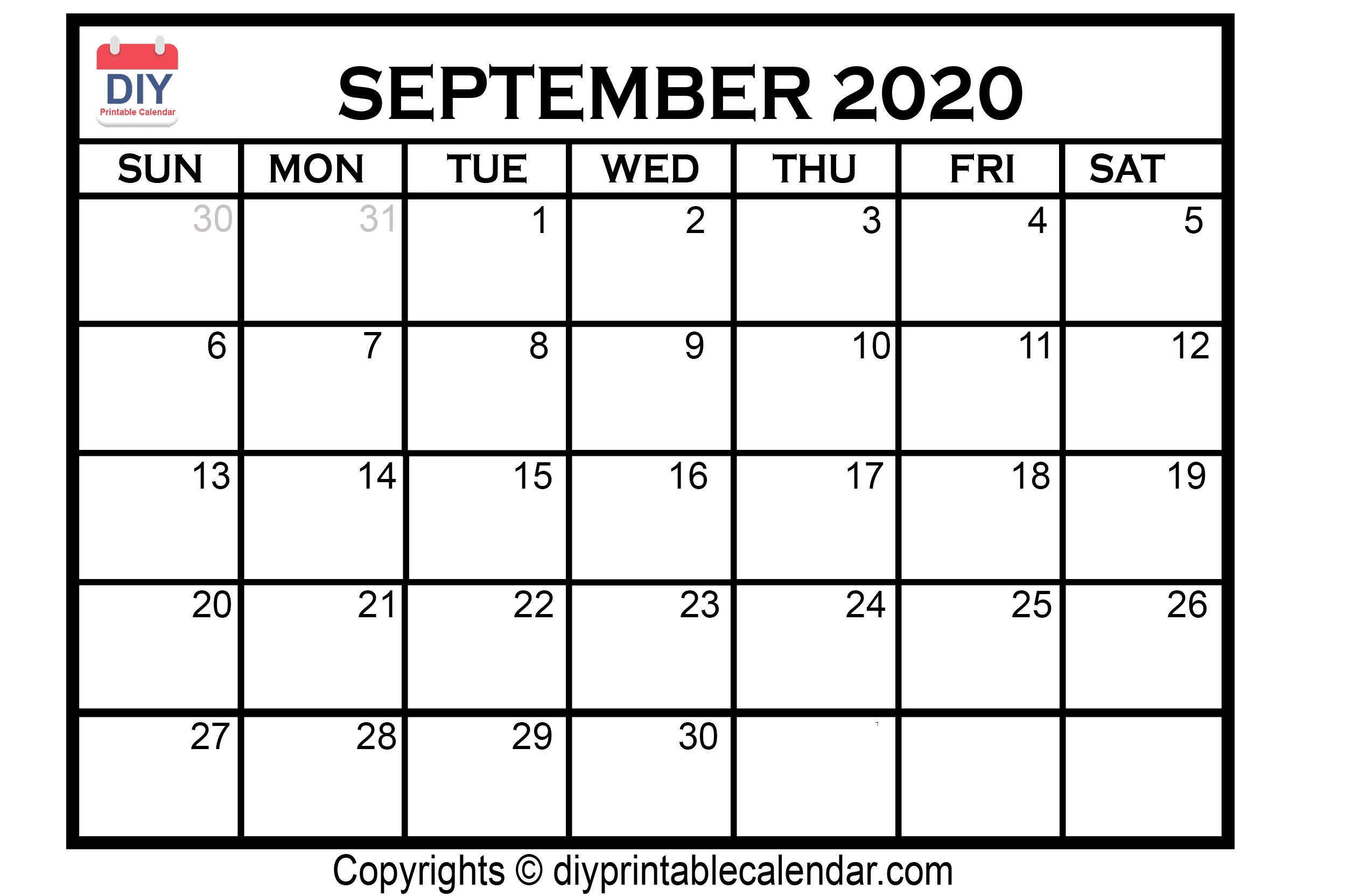 September 2020 Printable Calendar Template