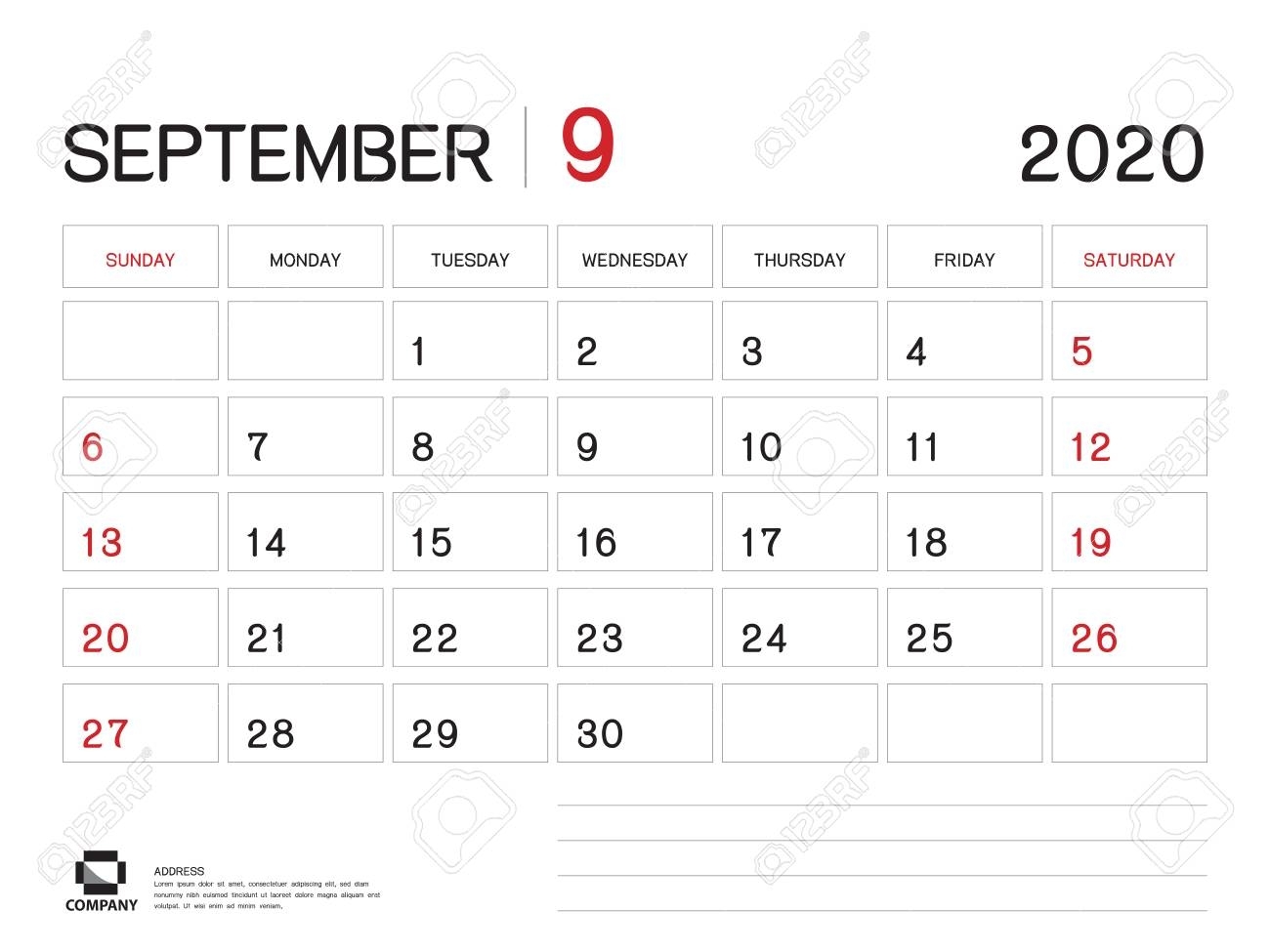 September 2020 Year Template, Calendar 2020 Vector, Desk Calendar..