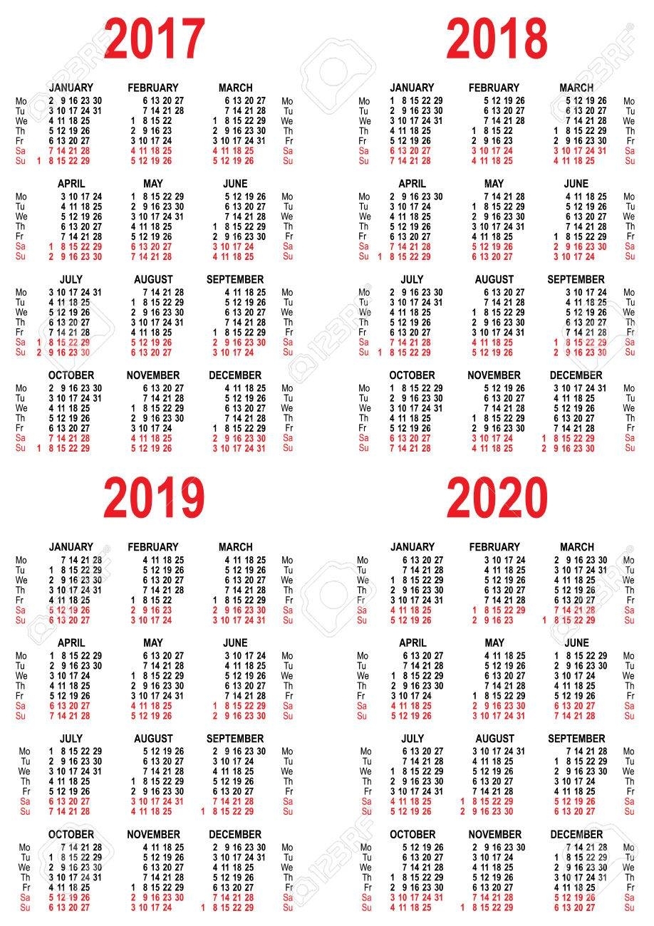 Set Calendar 2017, 2018, 2019, 2020 Grid Template. Isolated On..