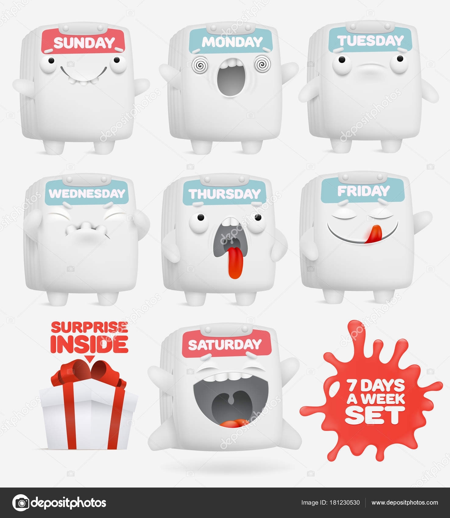 Set Cartoon Emoji Calendar Characters Days Week Concept