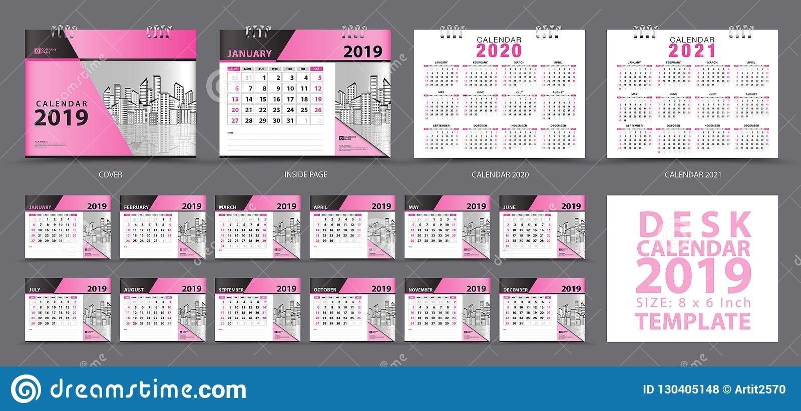 Set Desk Calendar 2019 Template, Set Of 12 Months, Calendar