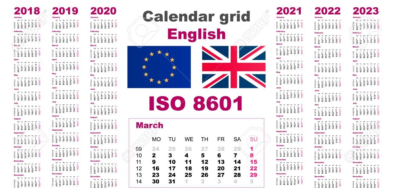 Set Grid Wall Calendar English For 2018, 2019, 2020, 2021, 2022,..