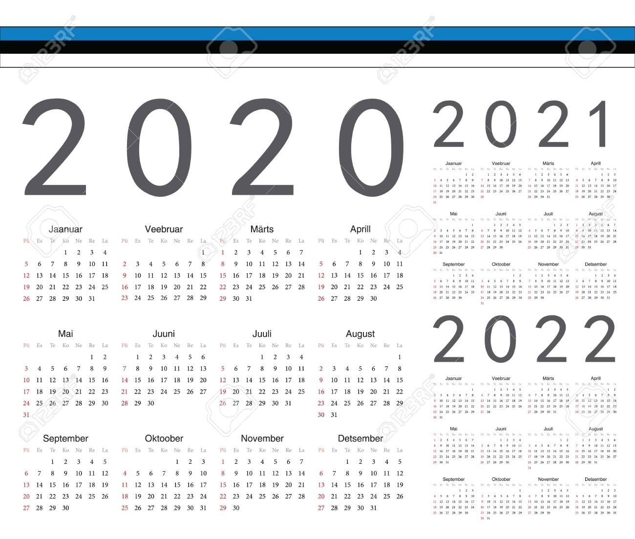 Set Of Estonian 2020, 2021, 2022 Year Vector Calendars. Week..