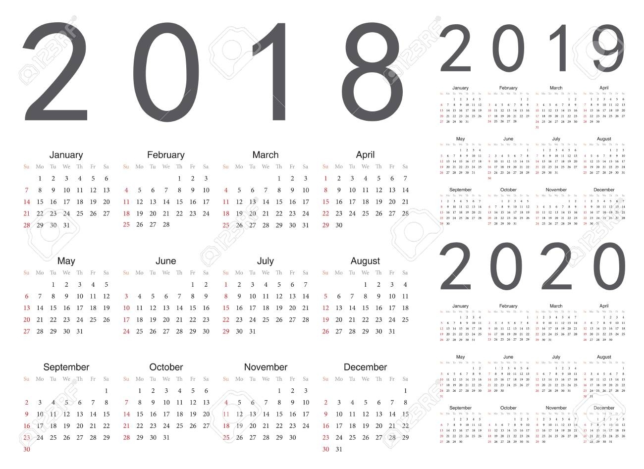 Set Of European 2018, 2019, 2020 Year Vector Calendars. Week..