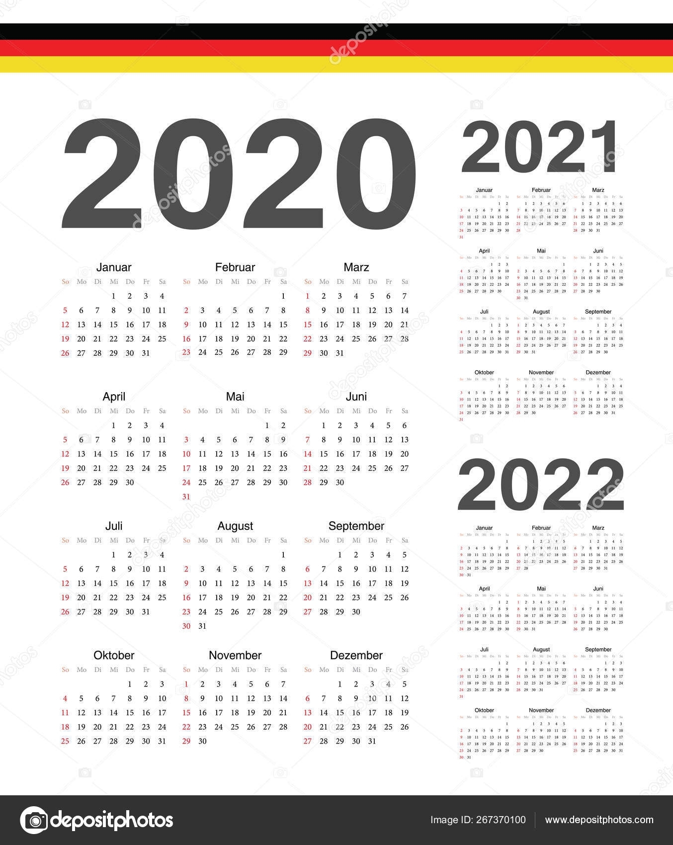 Set Of German 2020, 2021, 2022 Year Vector Calendars