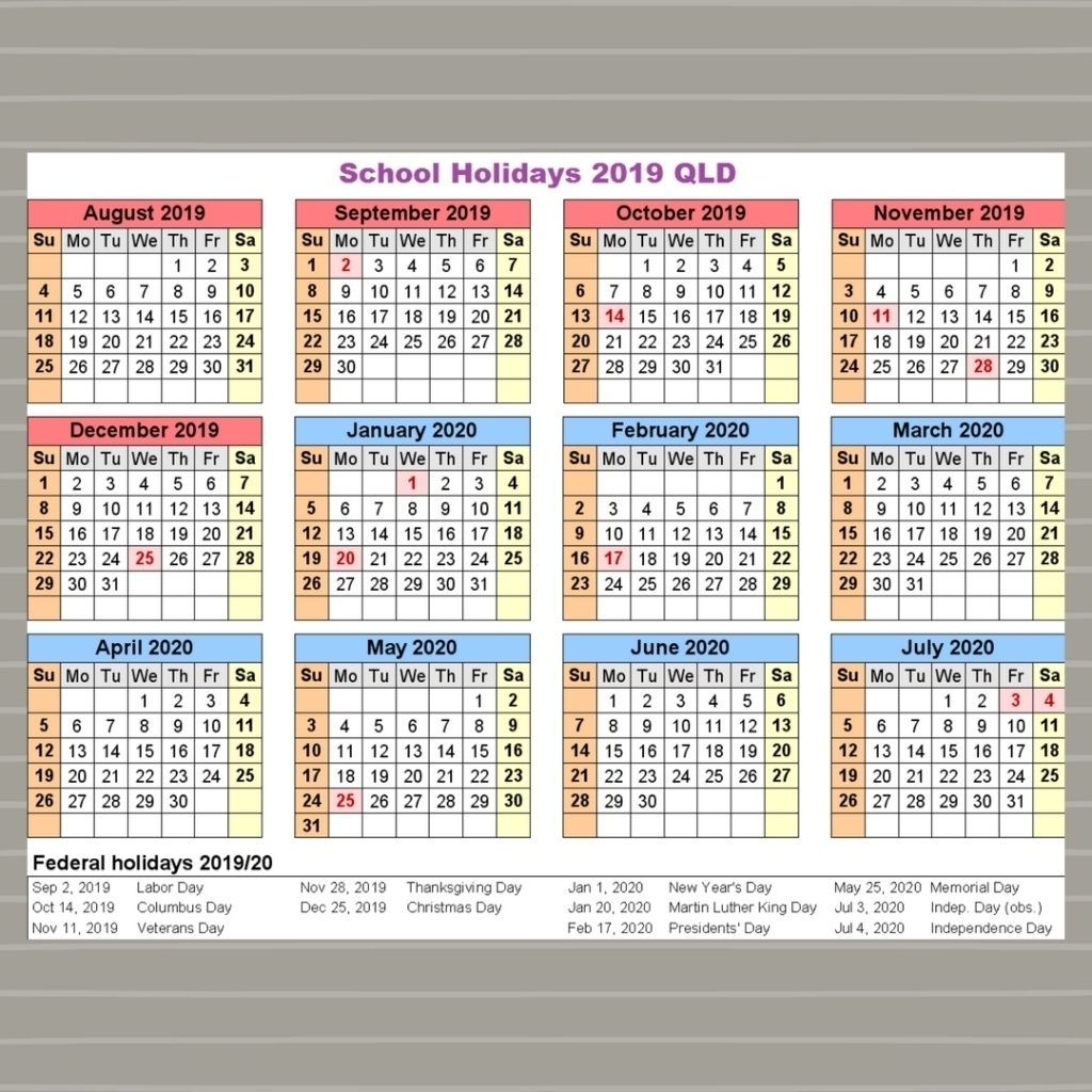 2020 Calendar Qld Education Month Calendar Printable