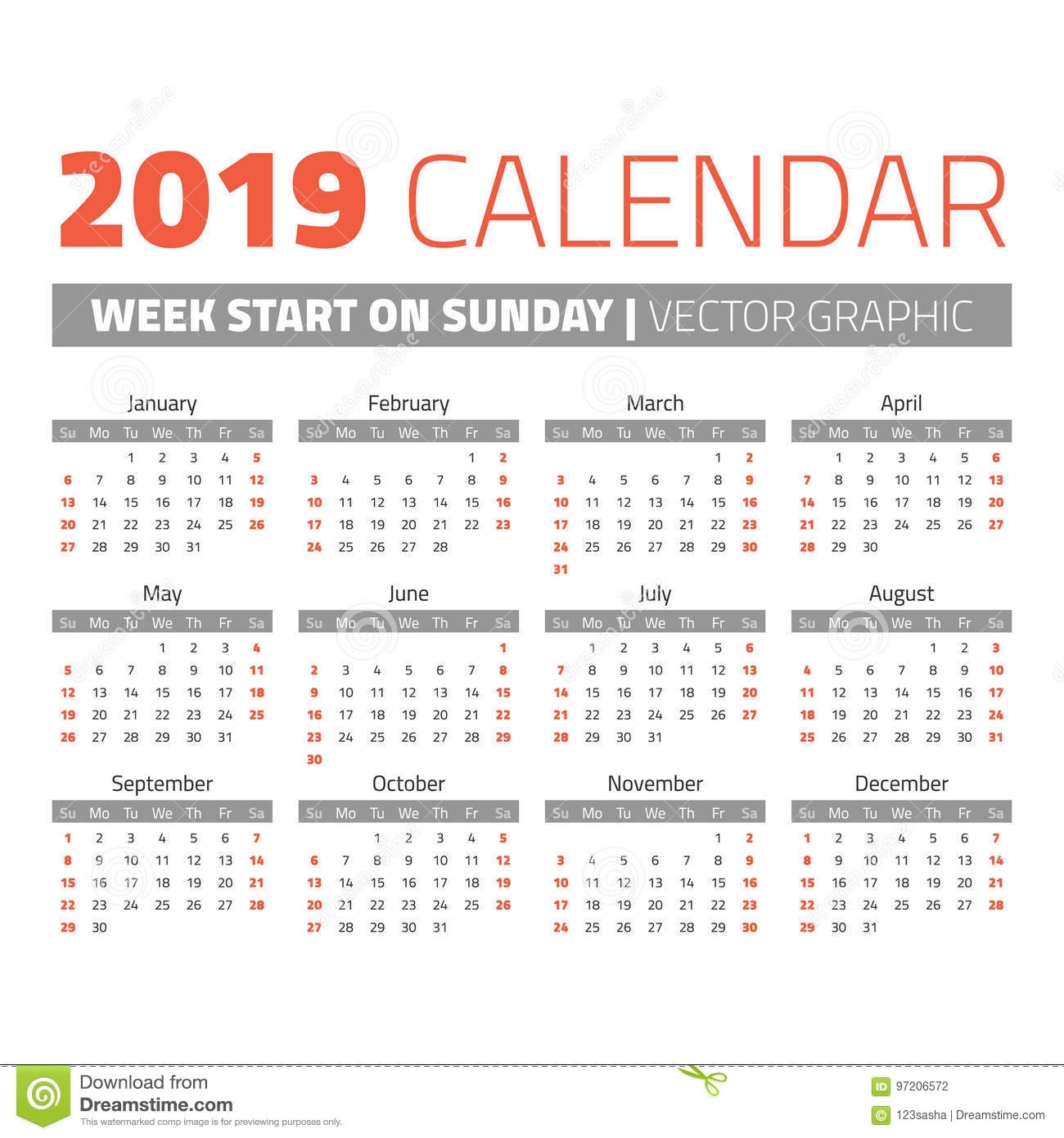 Simple 2019 Year Calendar Stock Vector. Illustration Of Date