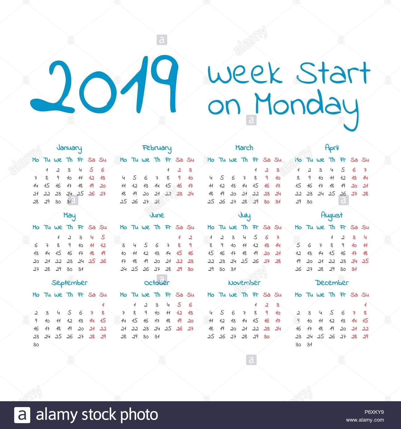Simple 2019 Year Calendar, Week Starts On Monday Stock