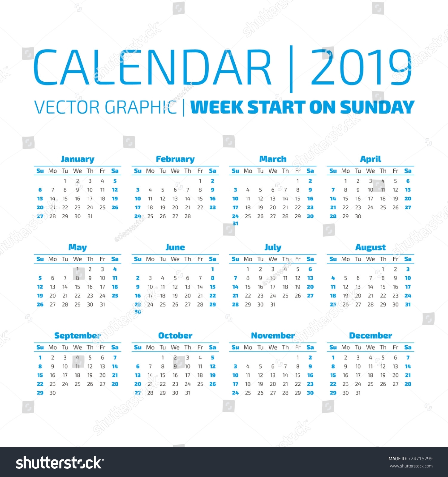 Simple 2019 Year Calendar Week Starts Stock Vector (Royalty