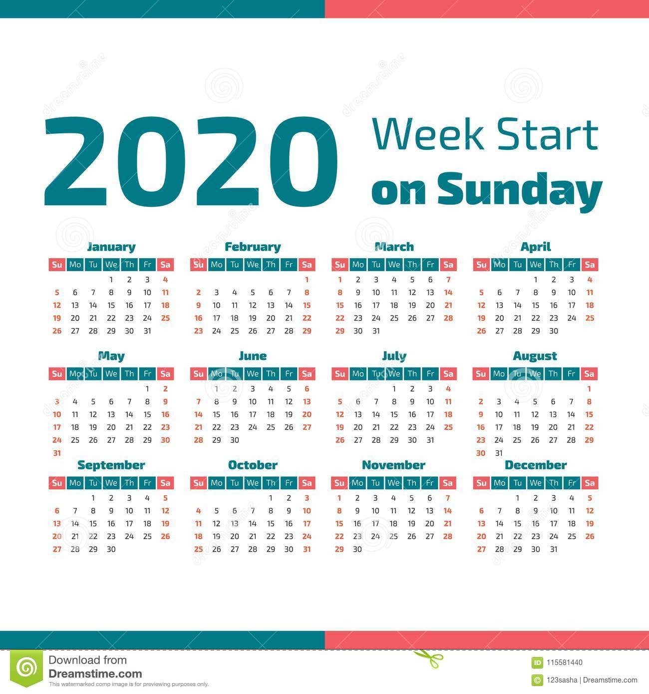 Simple 2020 Year Calendar Stock Vector. Illustration Of