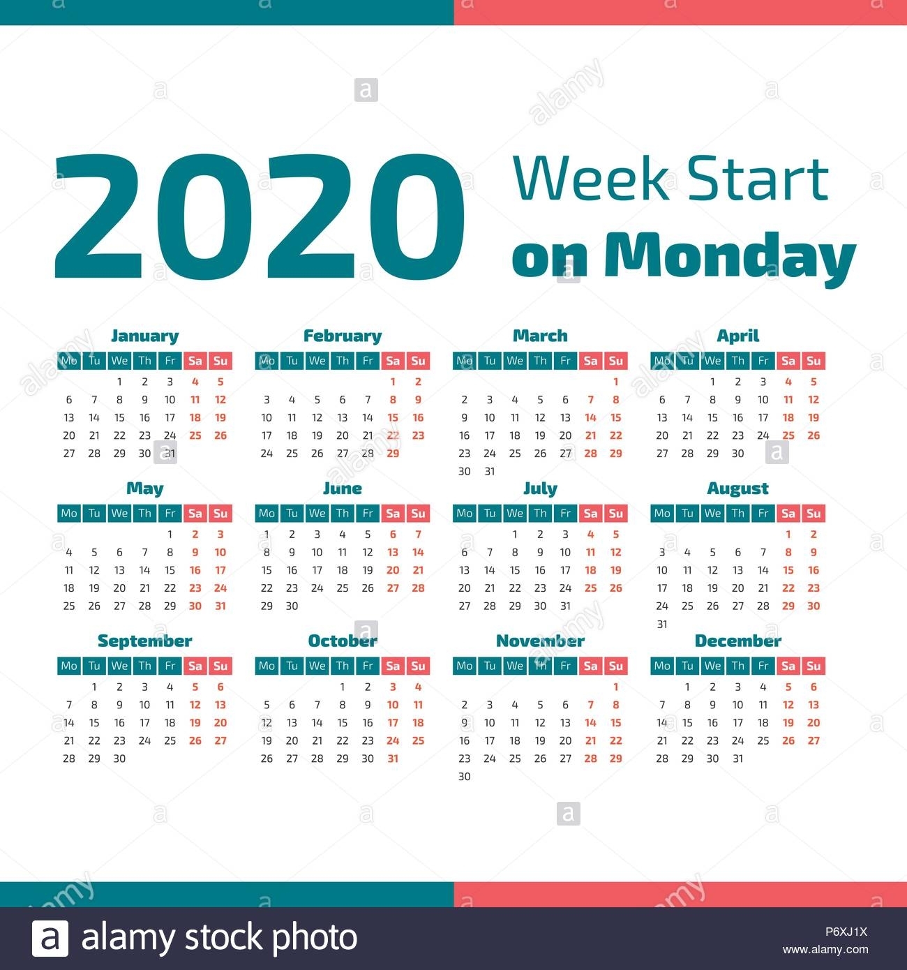 Simple 2020 Year Calendar, Week Starts On Monday Stock