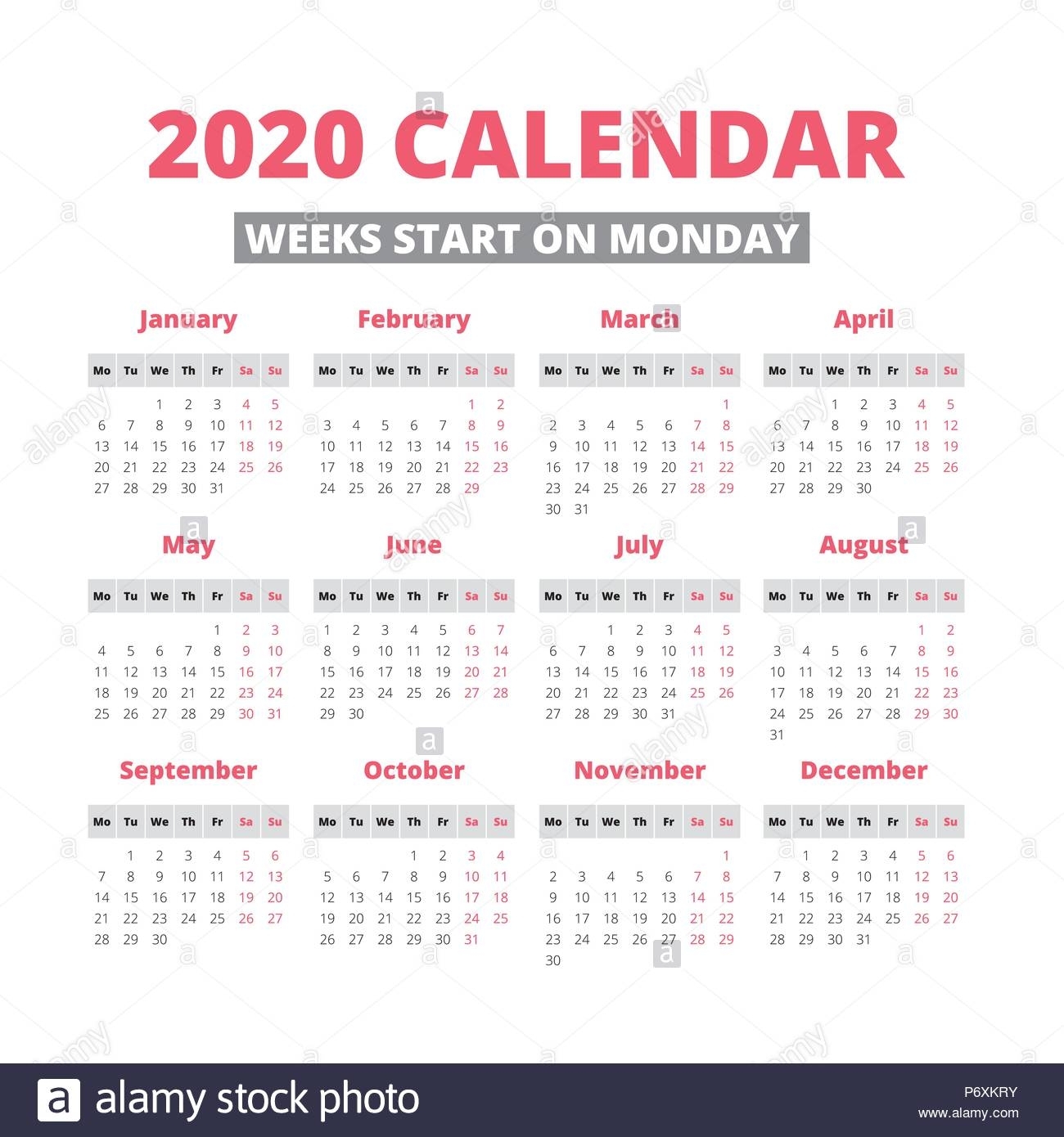 Simple 2020 Year Calendar, Week Starts On Monday Stock