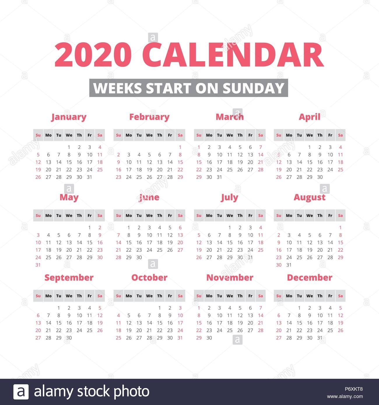 Simple 2020 Year Calendar, Week Starts On Sunday Stock