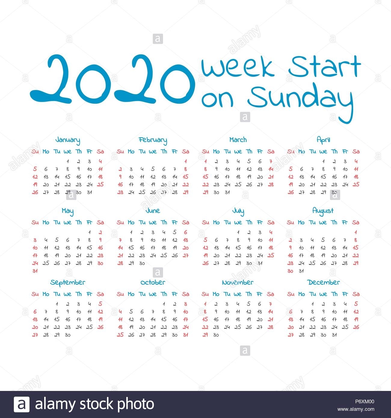 Simple 2020 Year Calendar, Week Starts On Sunday Stock