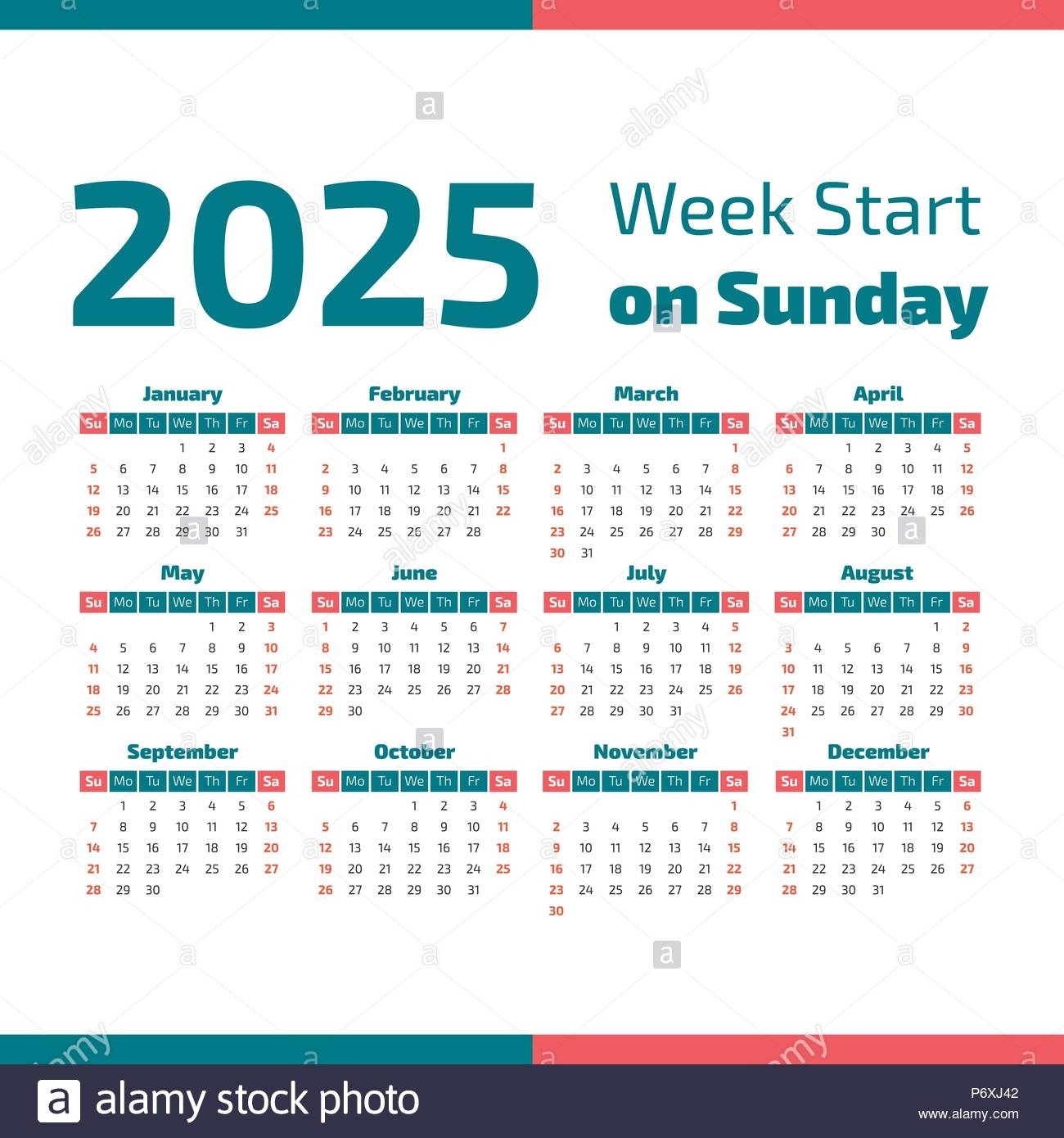 Simple 2025 Year Calendar, Week Starts On Sunday Stock