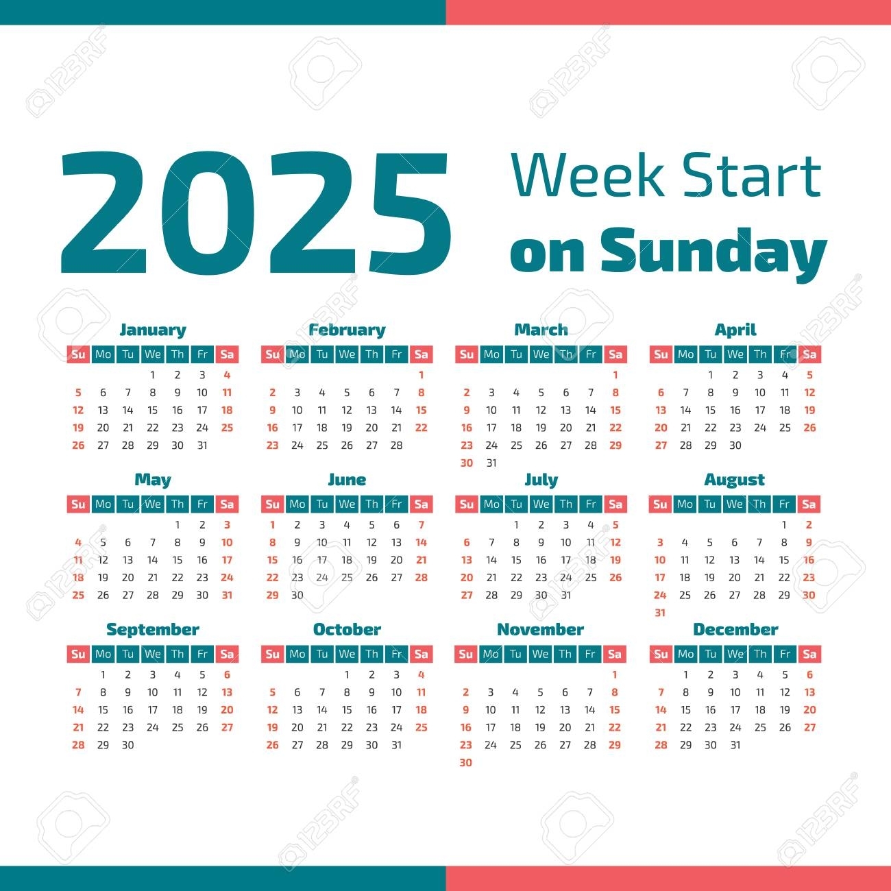 Simple 2025 Year Calendar, Week Starts On Sunday