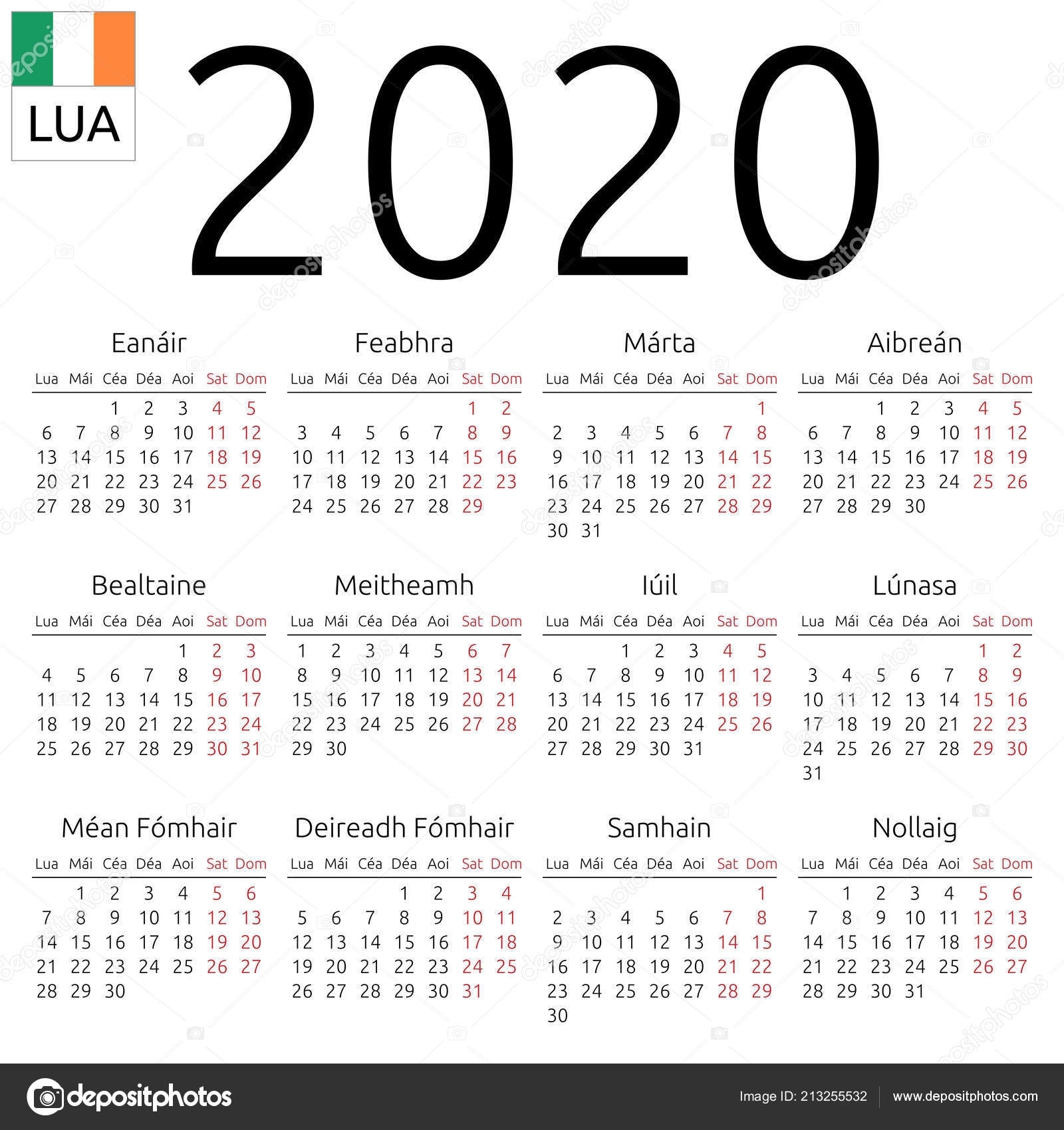 Simple Annual 2020 Year Wall Calendar Irish Language Week