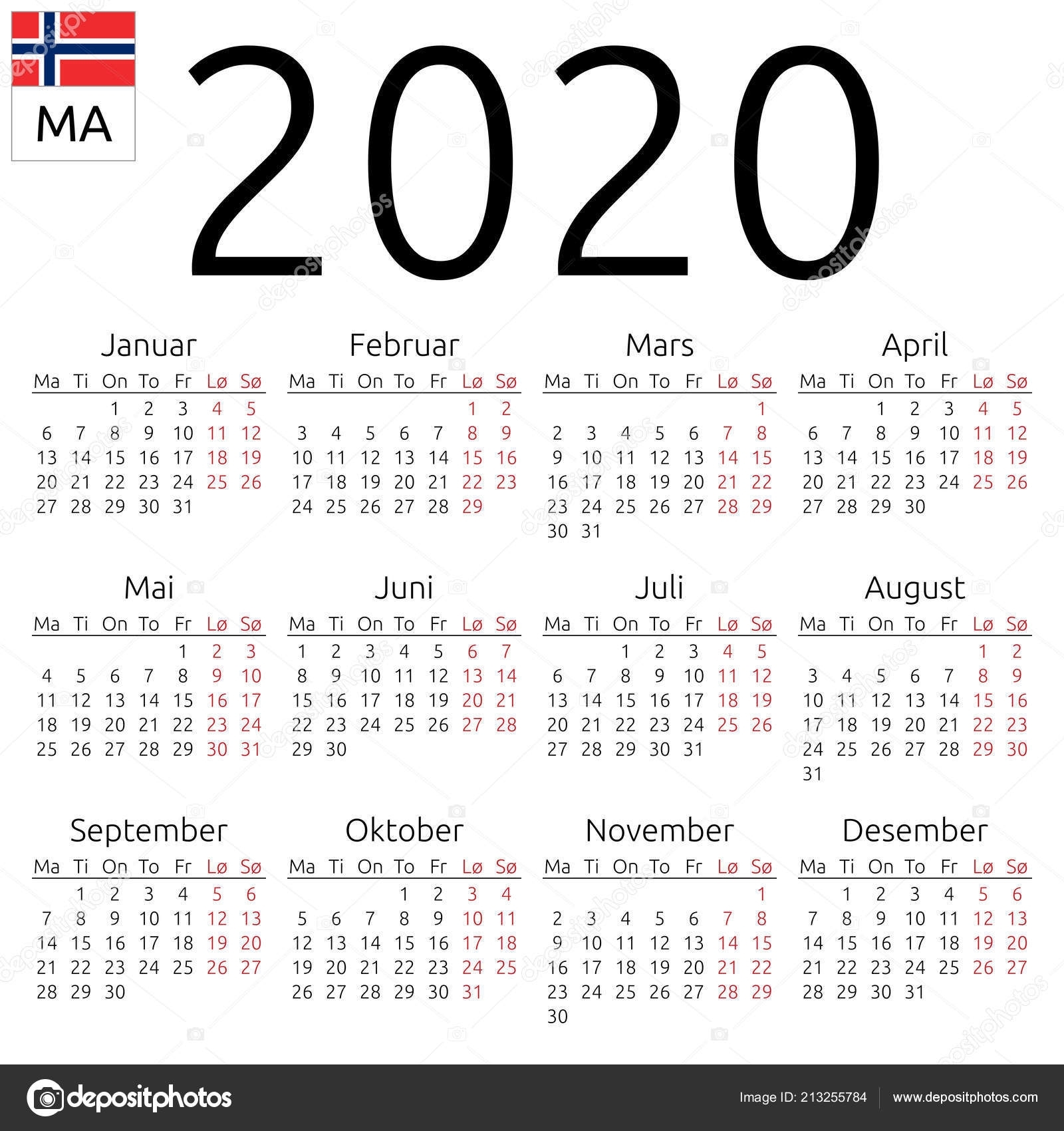 Simple Annual 2020 Year Wall Calendar Norwegian Language