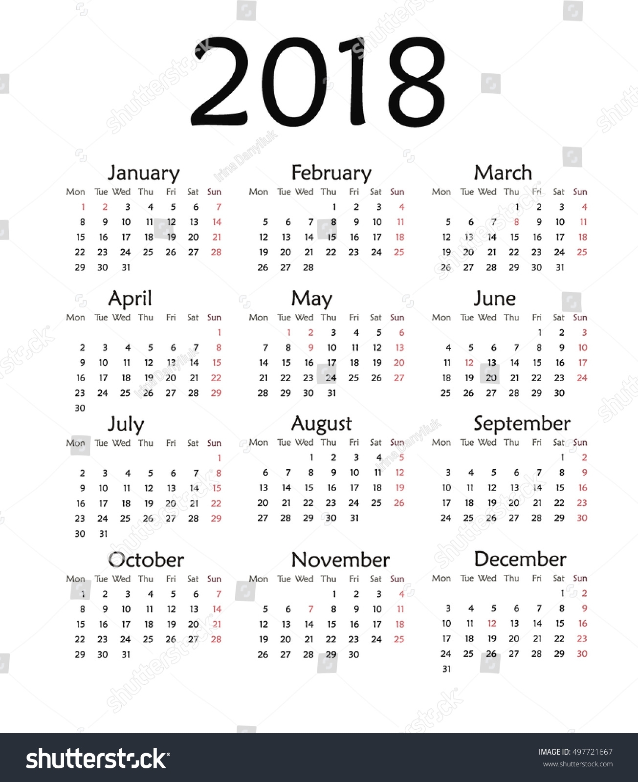 Simple Calendar 2018 Vector Template Design Stock Vector
