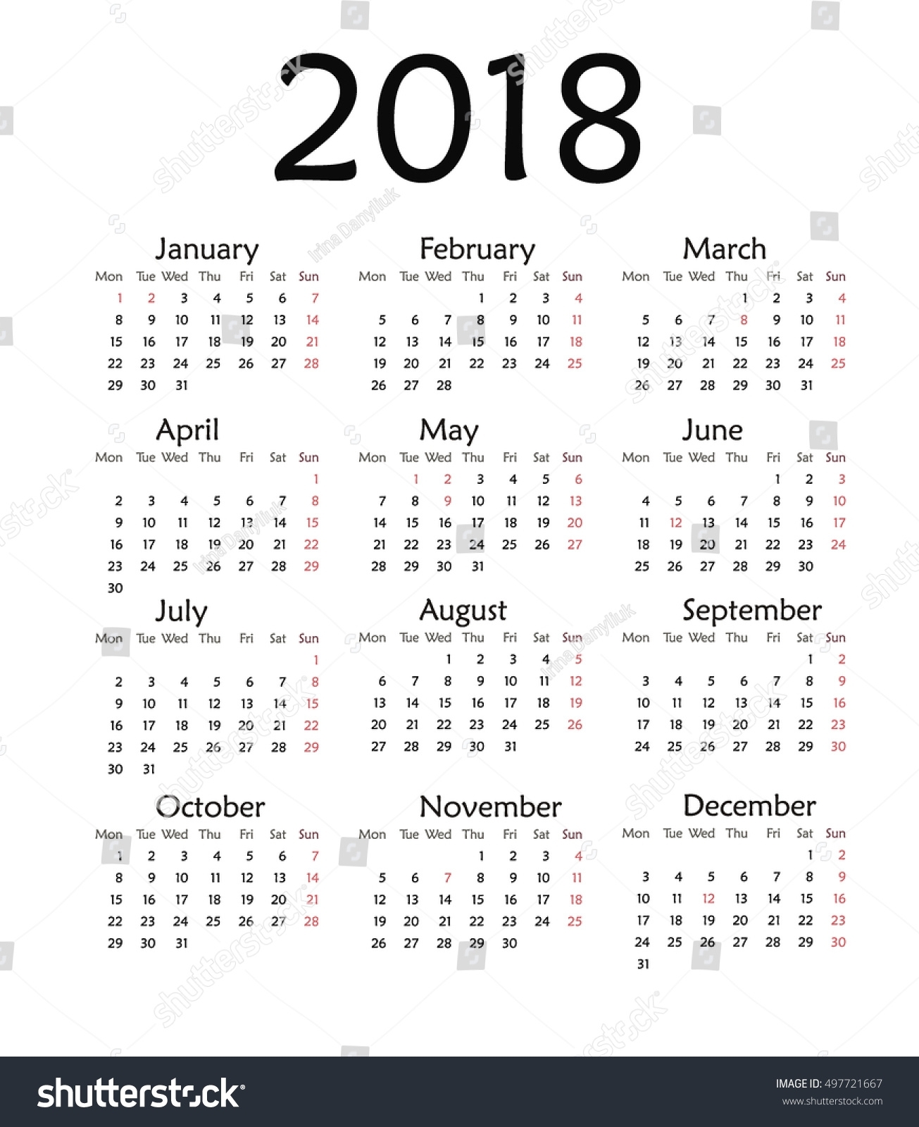 2018 calendar by week number