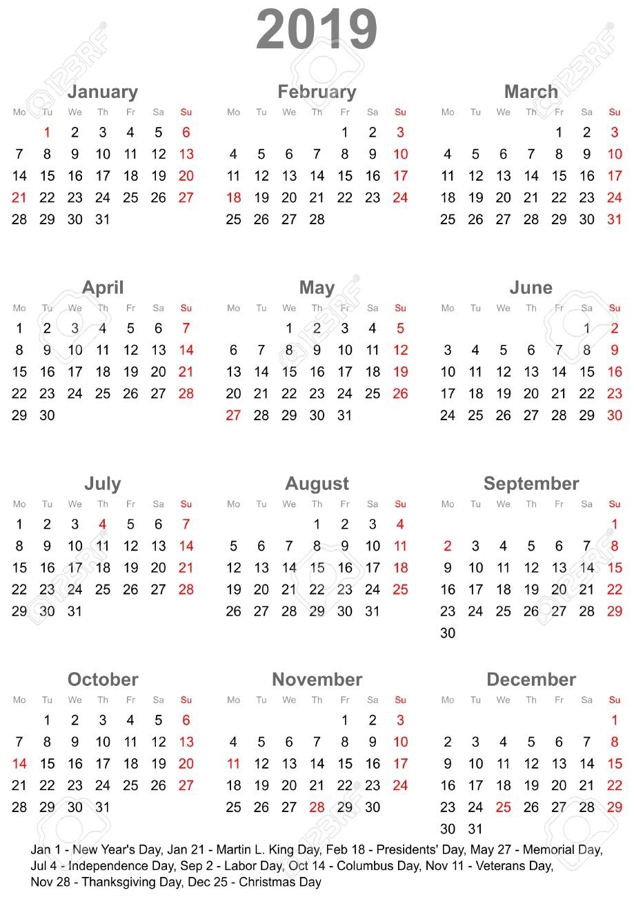 Simple Calendar 2019 - One Year At A Glance - Starts Monday With..