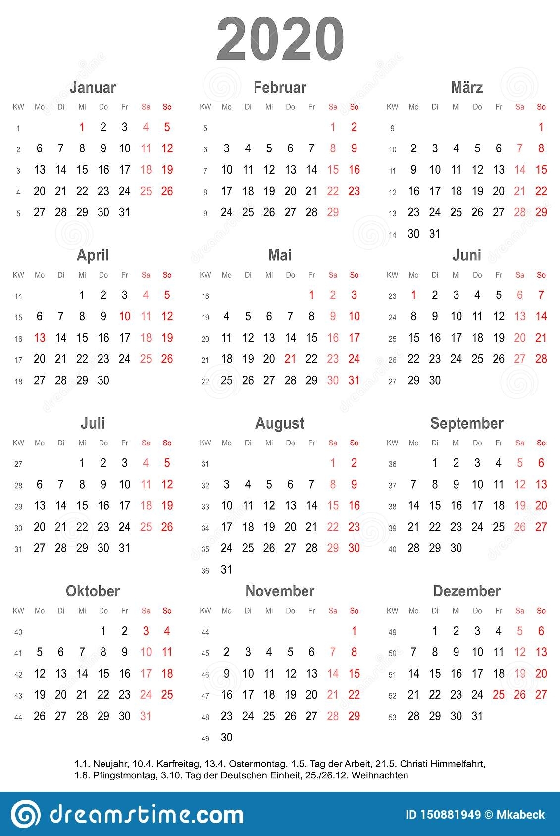 Simple Calendar 2020 With Public Holidays For Germany Stock