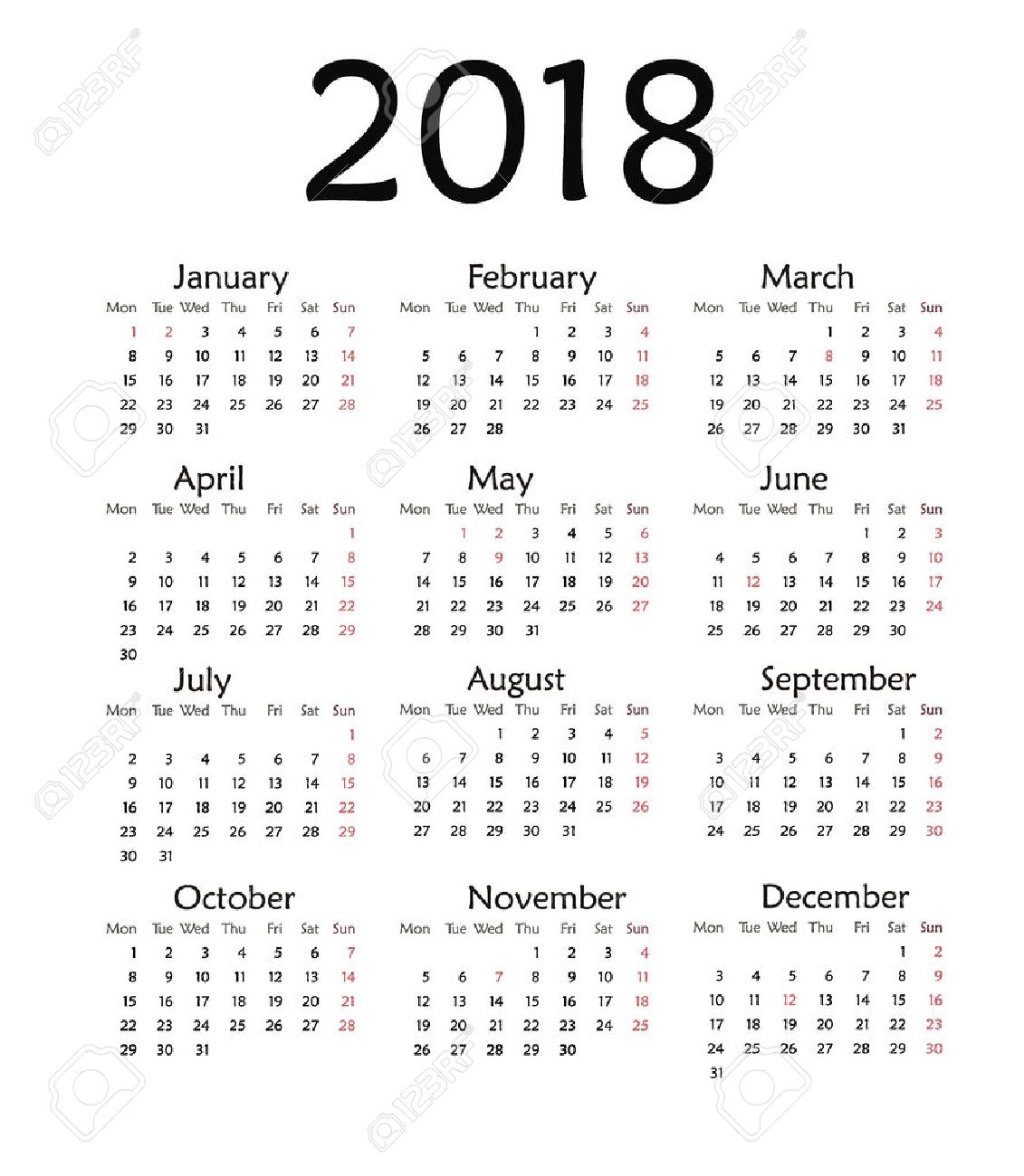 Simple Calendar For 2018. Vector Template Design Monthly Date..