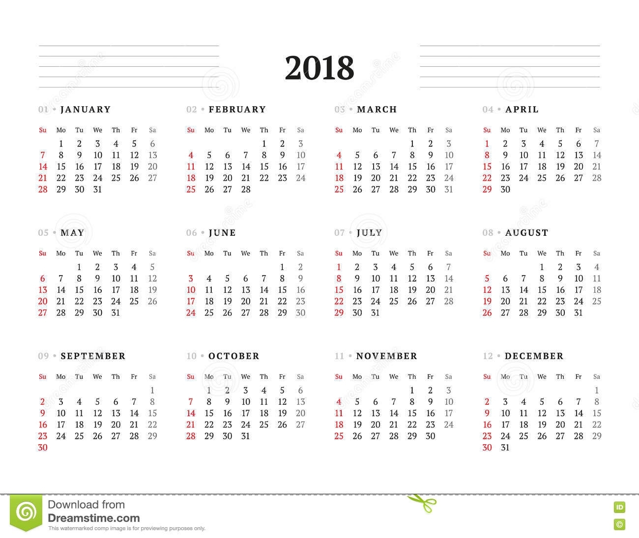 Simple Calendar Template For 2018 Year Stock Vector