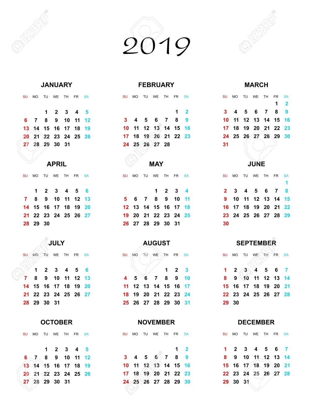 Simple Color Calendar For The Year 2019. The Names Of Days And..