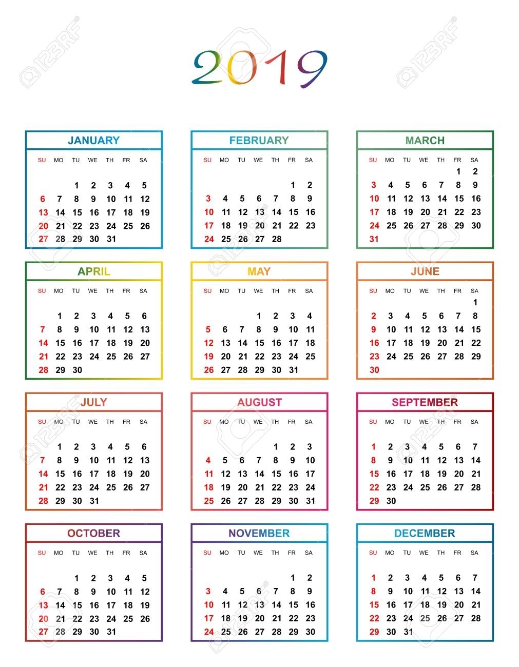 Simple Color Calendar For The Year 2019. The Names Of Days And..