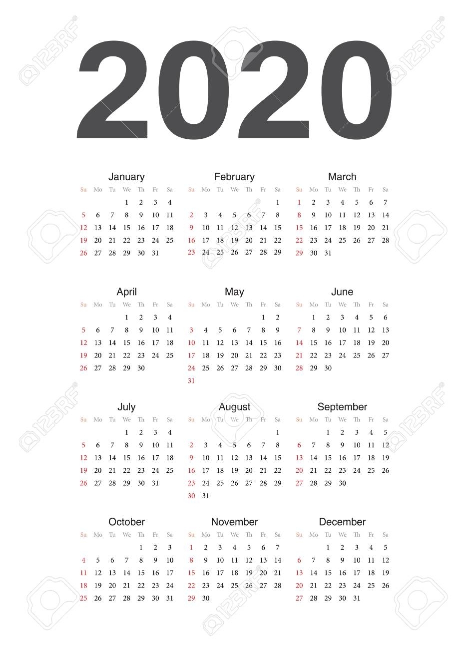 Simple European 2020 Year Vector Calendar. Week Starts From Sunday.