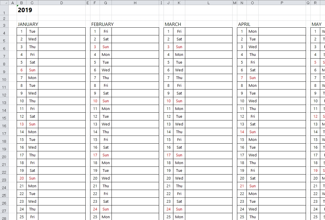 Simple Excel Calendar Template